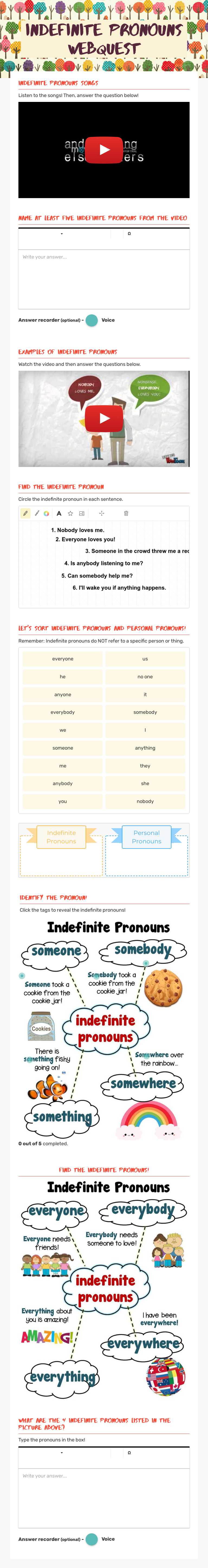 Indefinite pronouns webquest worksheet preview image
