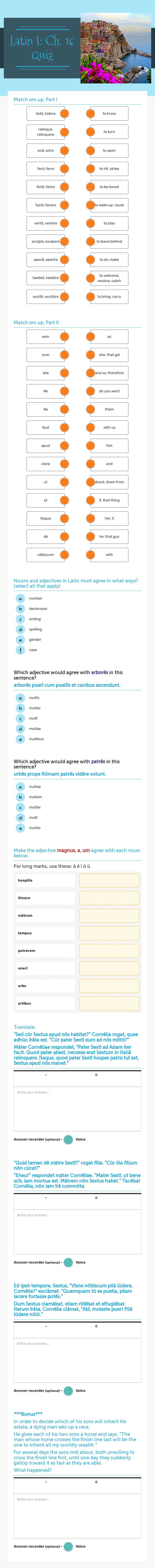 Latin I: Ch. 16 Quiz worksheet preview image
