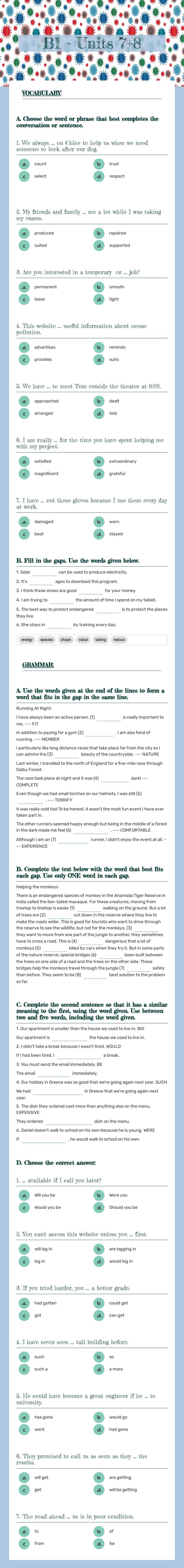 B1 - Units 7+8 worksheet preview image