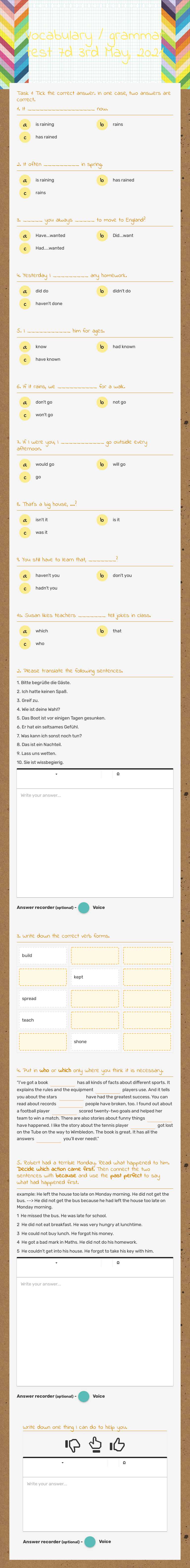 Vocabulary / grammar test 7d 3rd May, 2021 worksheet preview image