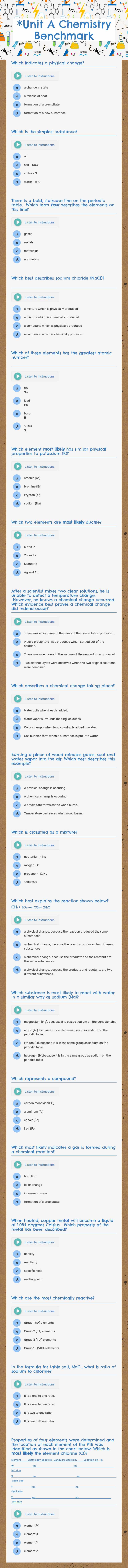 *Unit A    Chemistry Benchmark worksheet preview image