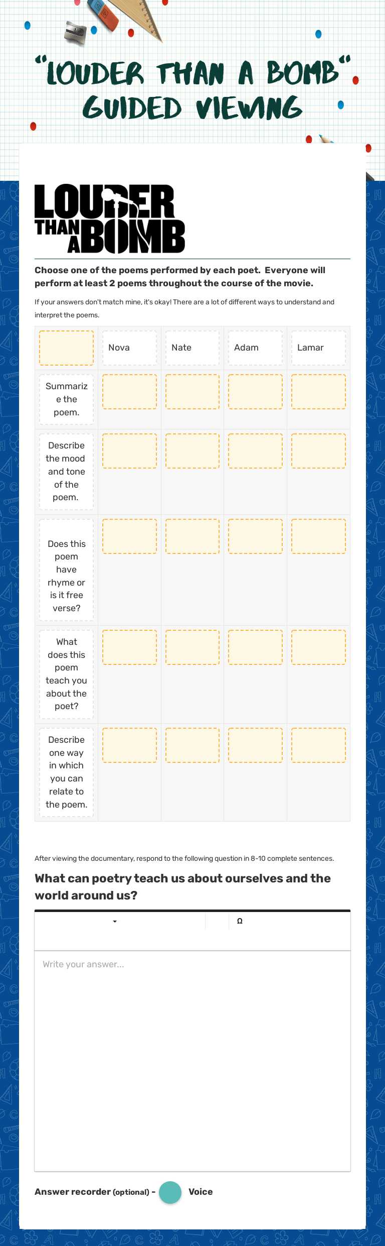 "Louder than a bomb" guided viewing Grade 8 worksheet preview