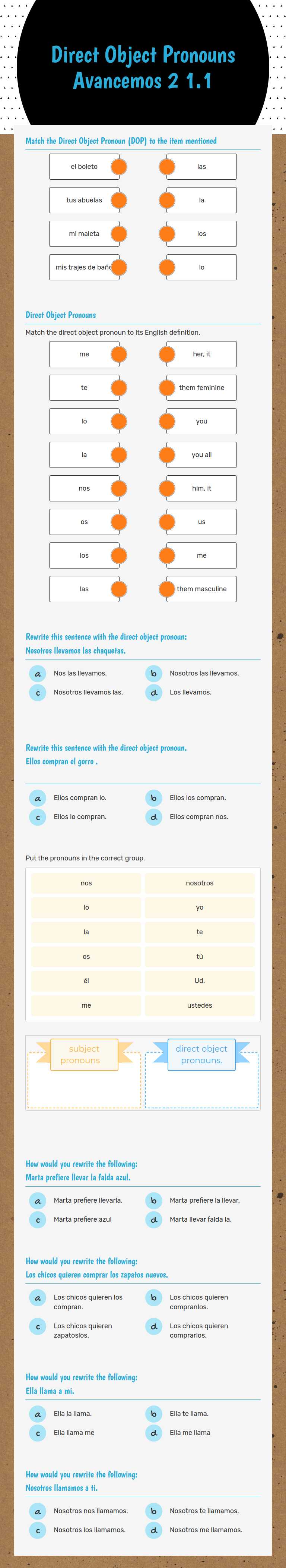 Direct Object Pronouns Avancemos 2 1.1 Grade 8 worksheet preview