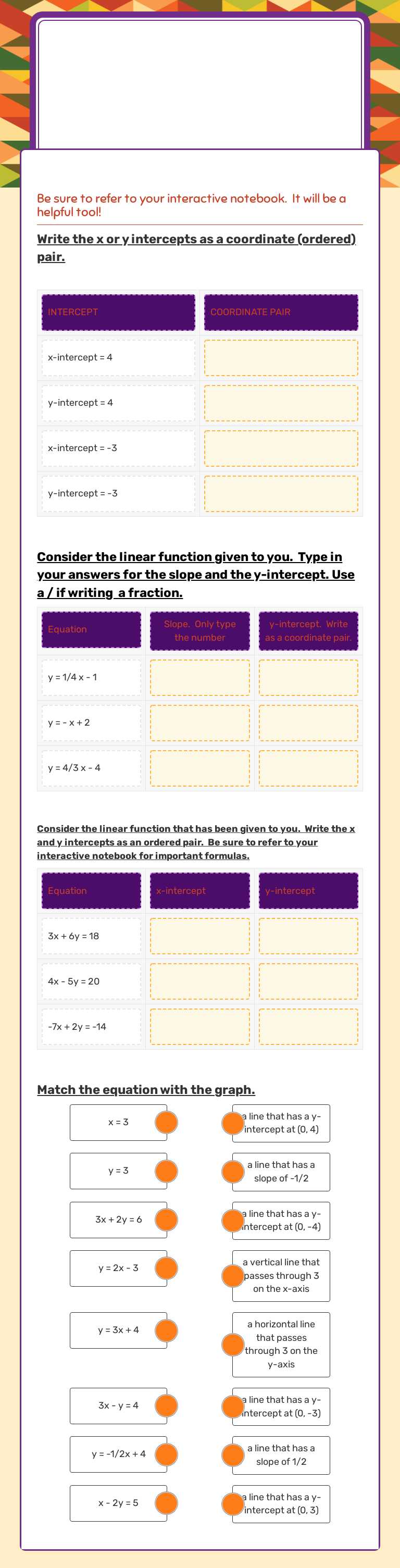 Linear Functions Slope Intercept & standard  form worksheet preview image