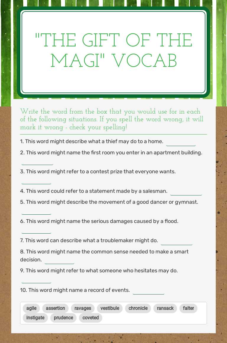 "the Gift of the Magi" Vocab Grade 9 worksheet preview