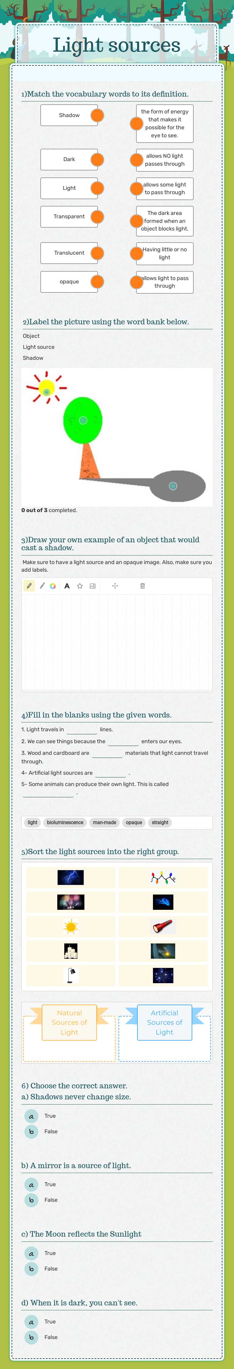 Light sources Grade 1 worksheet preview
