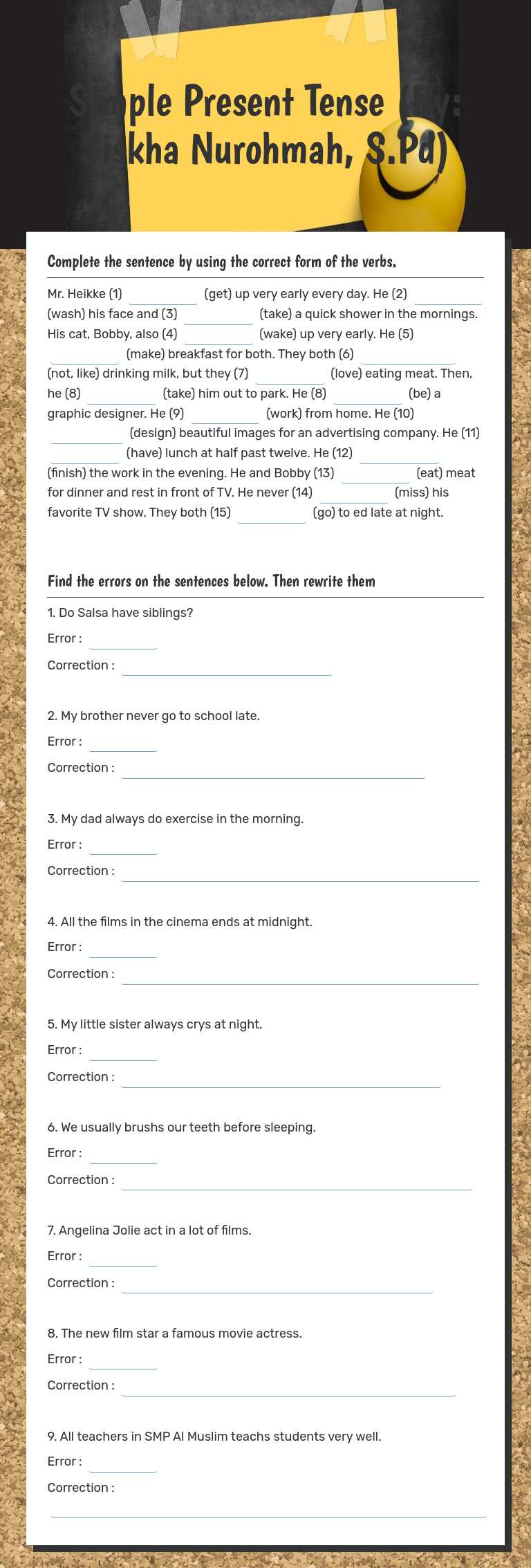 Simple Present Tense                (By: Siskha Nurohmah, S.Pd) worksheet preview image