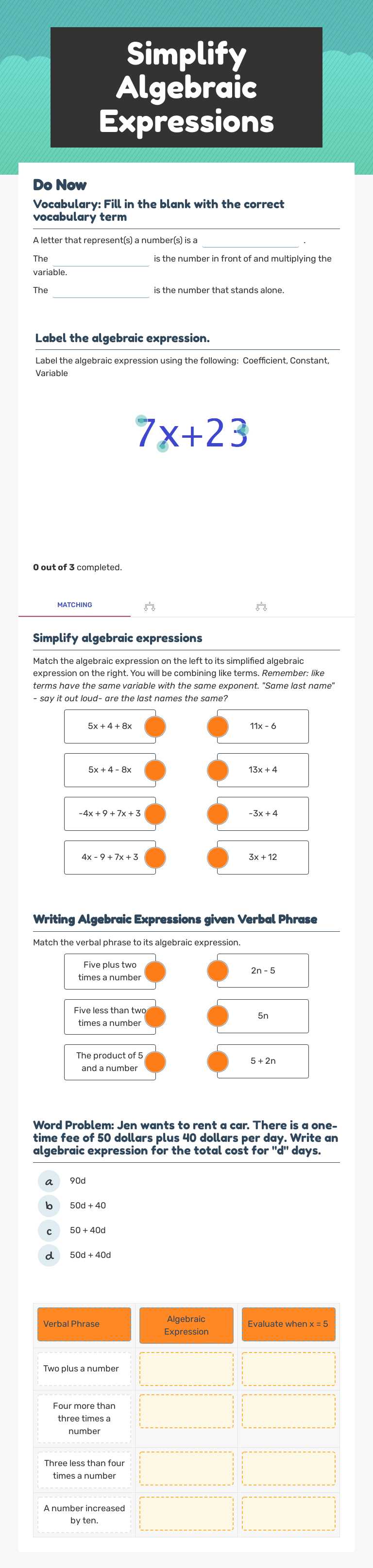 Simplify Algebraic Expressions worksheet preview image