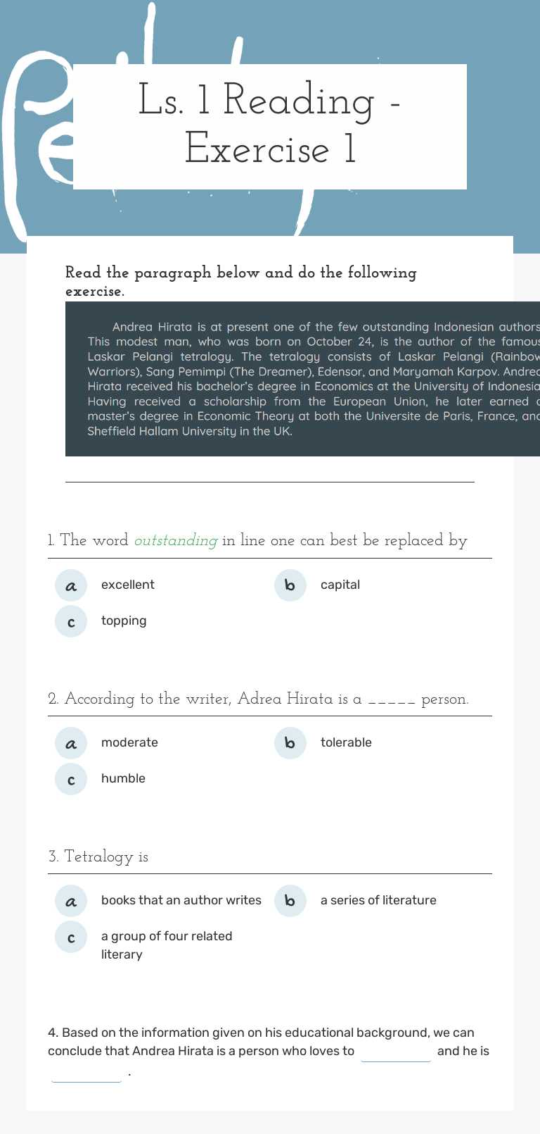 Ls. 1 Reading - Exercise 1 worksheet preview image