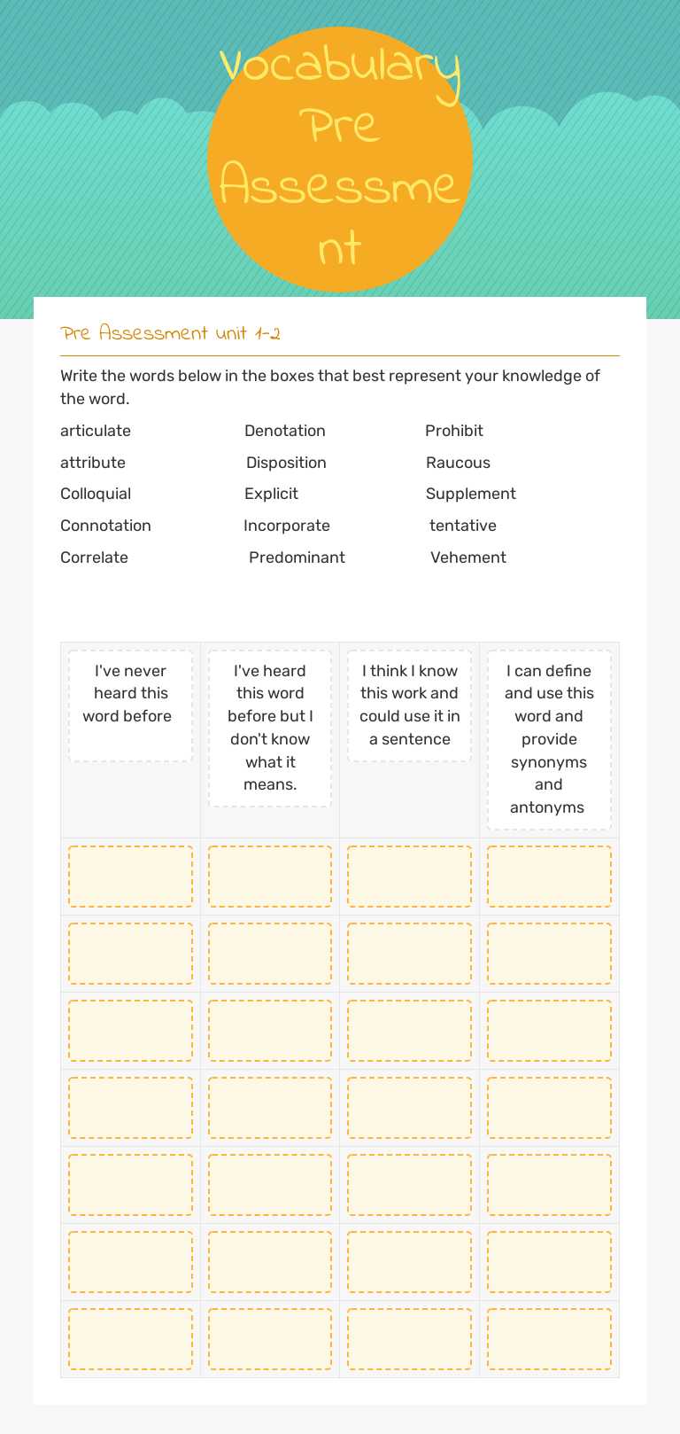 Vocabulary Pre Assessment worksheet preview image
