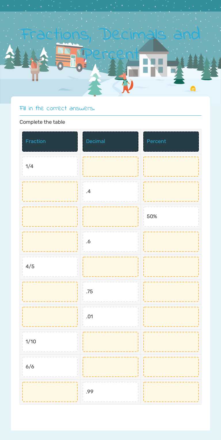 Fractions, Decimals and Percent Grade 6 worksheet preview