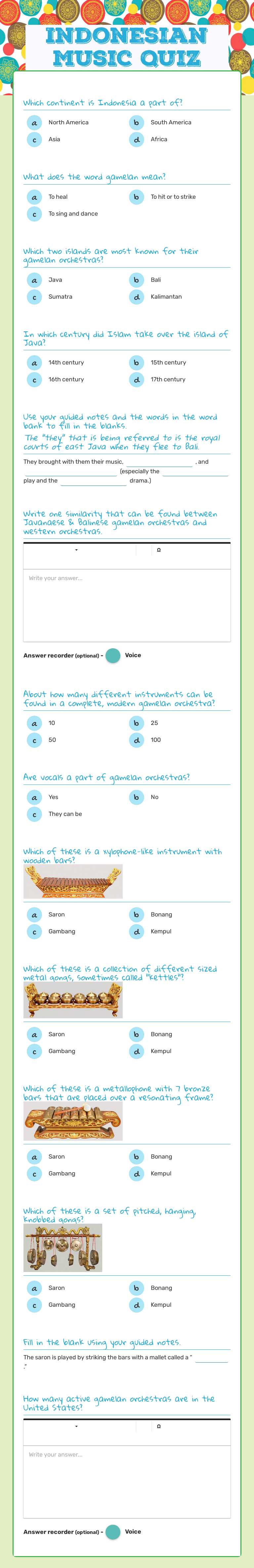 Indonesian Music Quiz worksheet preview image