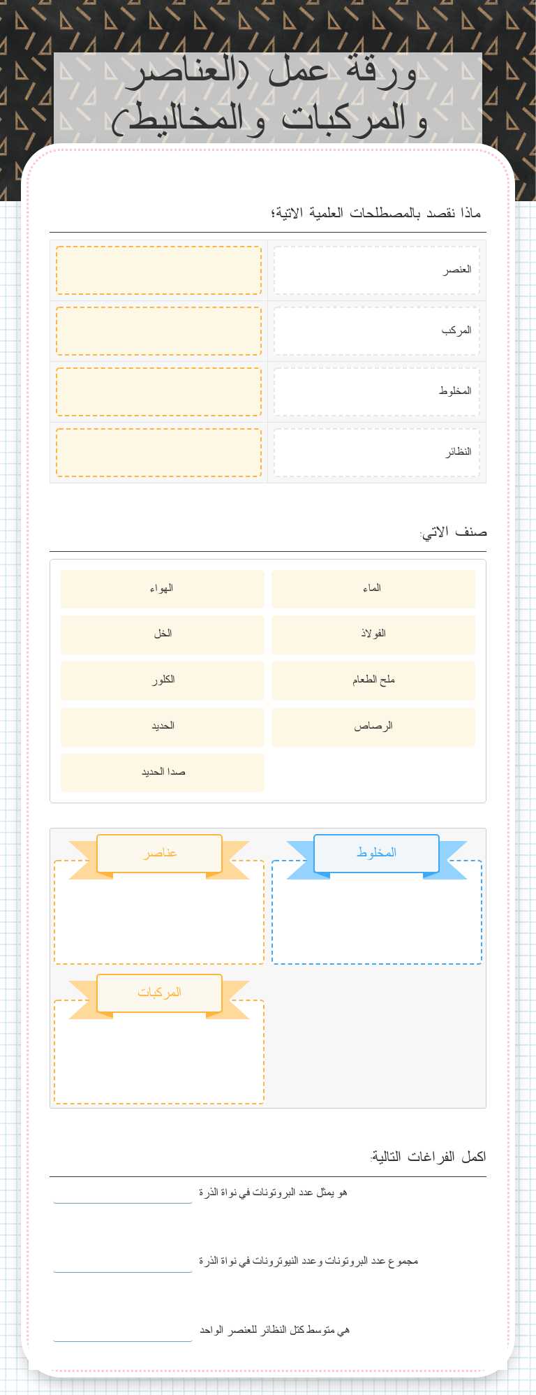 ورقة عمل  (العناصر والمركبات والمخاليط) worksheet preview image