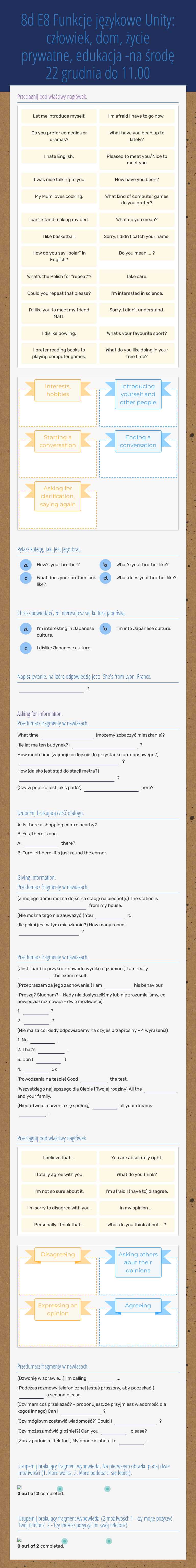 8d E8 Funkcje językowe 
Unity: człowiek, dom, życie prywatne, edukacja -na środę 22 grudnia do 11.00 worksheet preview image