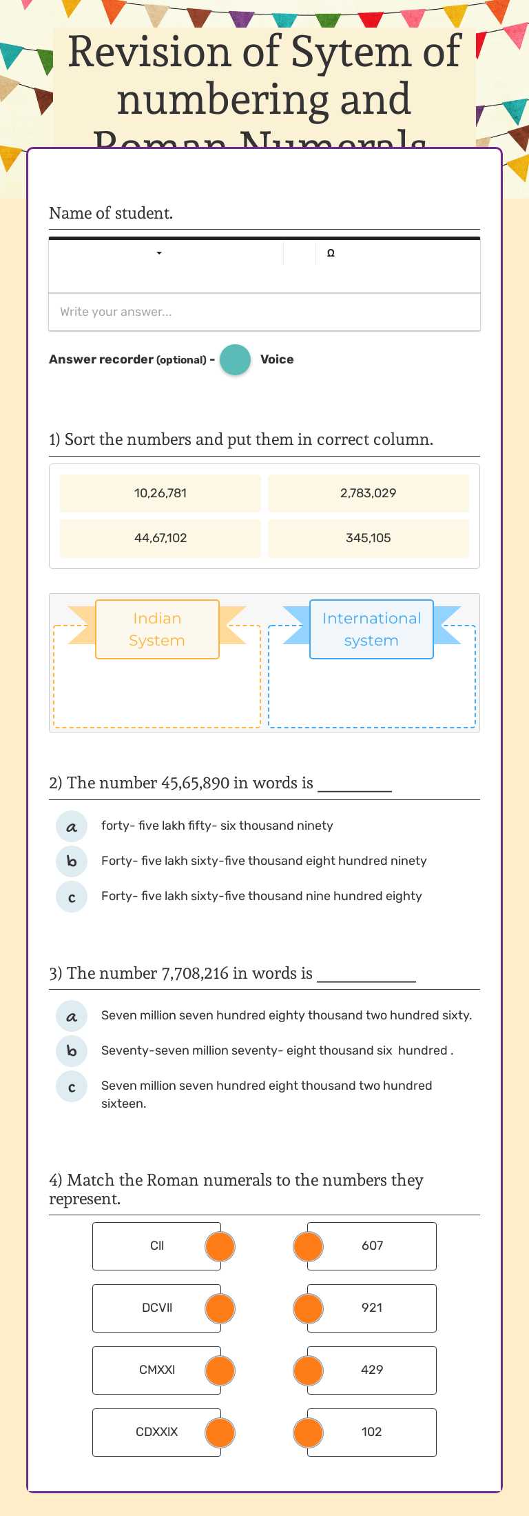 Revision of Sytem of numbering and Roman Numerals. worksheet preview image