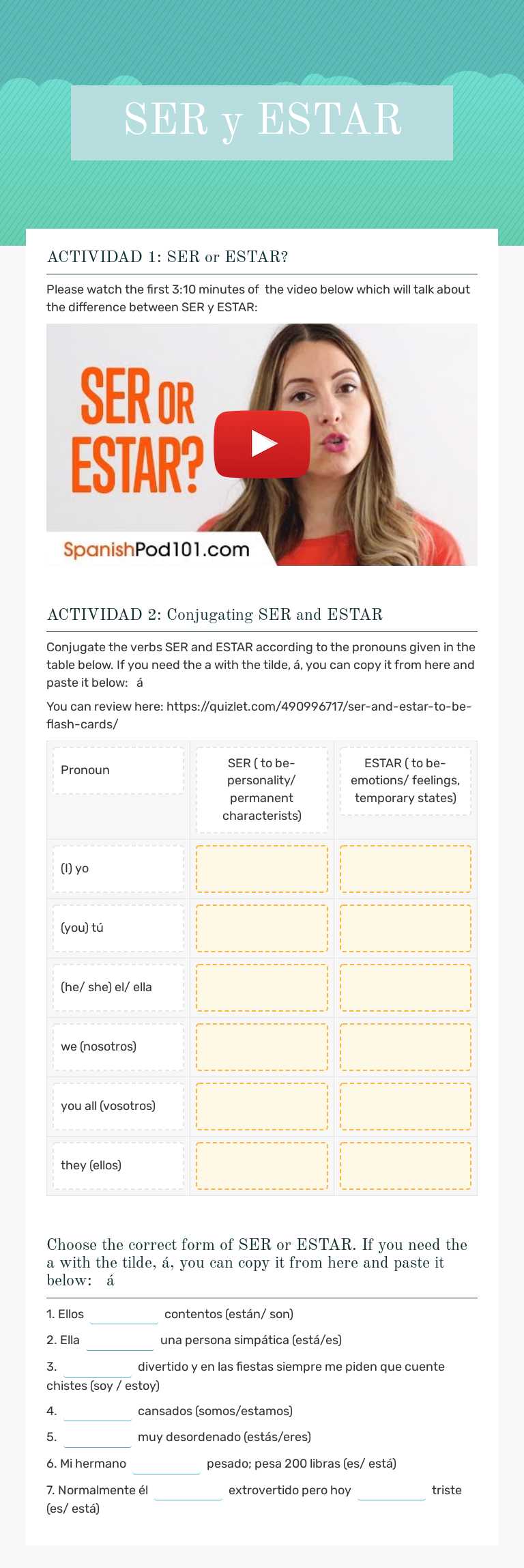 SER y ESTAR worksheet preview image