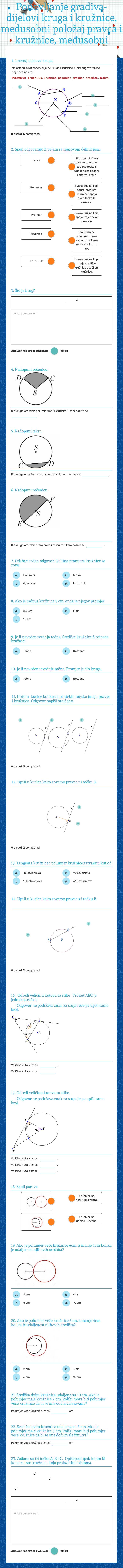 Ponavljanje gradiva- dijelovi kruga i kružnice, međusobni položaj pravca i kružnice, međusobni položaj dvaju kružnica worksheet preview image