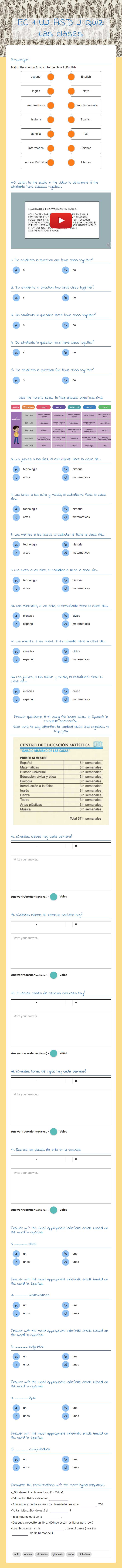 EC 1 U2 ASD 2 Quiz: Las clases Grade 10 worksheet preview