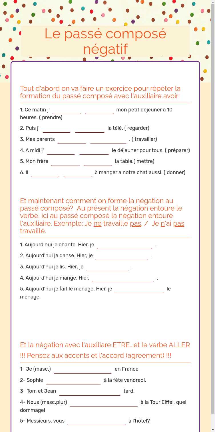 Le passé composé négatif worksheet preview image