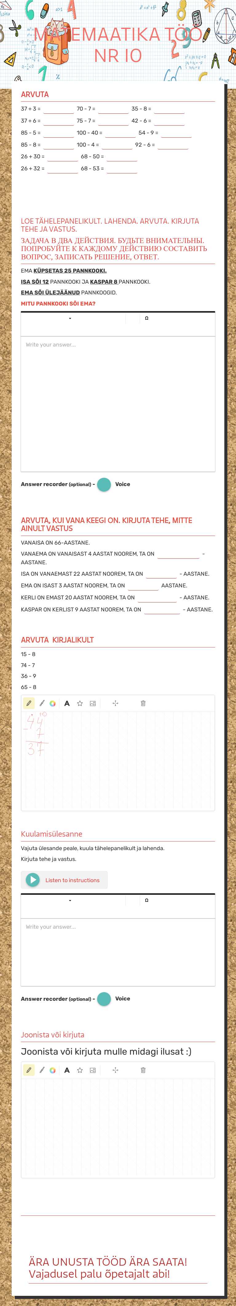 MATEMAATIKA TÖÖ NR 10 worksheet preview image