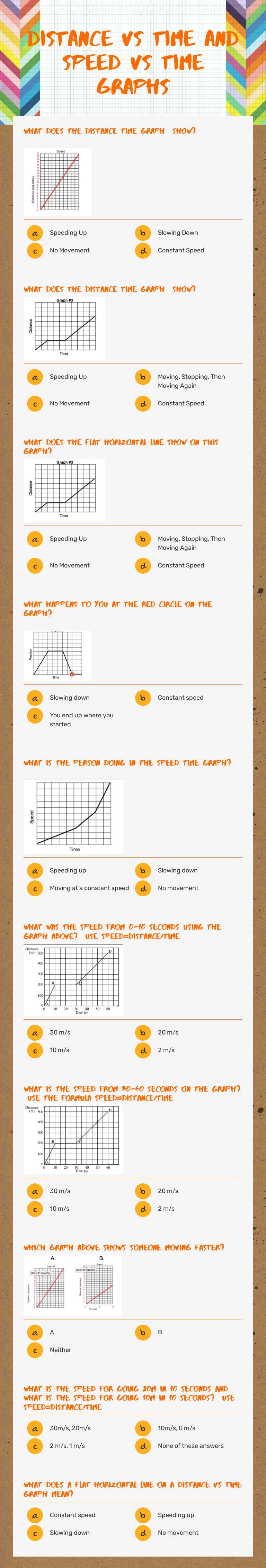 Distance vs Time and Speed Vs Time Graphs worksheet preview image