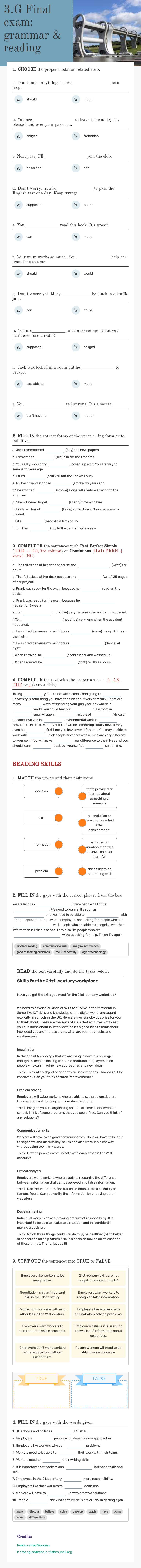 3.G Final exam: grammar & reading worksheet preview image