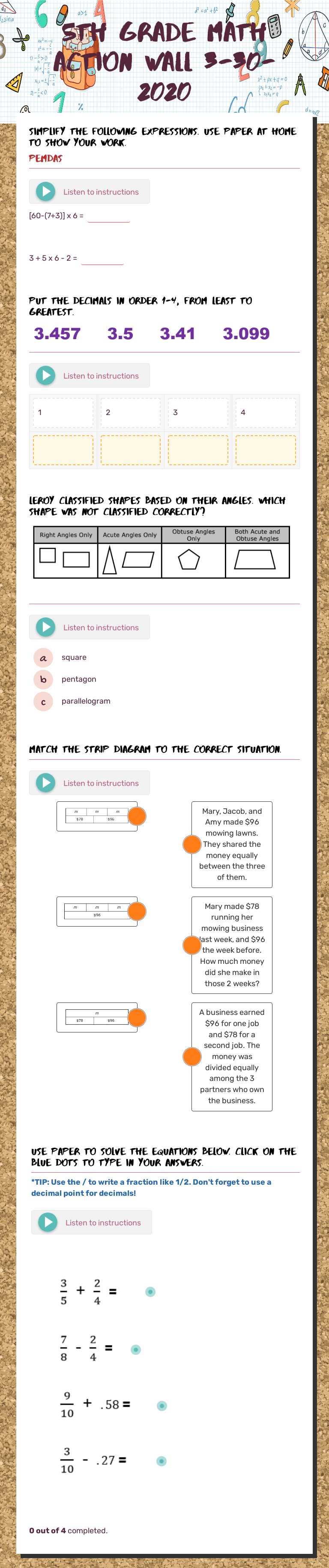 5th Grade Math Action Wall 3-30-2020 worksheet preview image