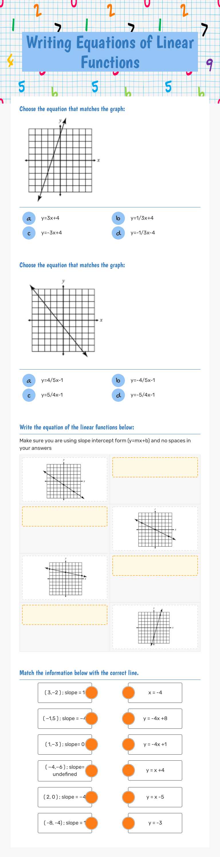 Writing Equations of Linear Functions Grade 11 worksheet preview