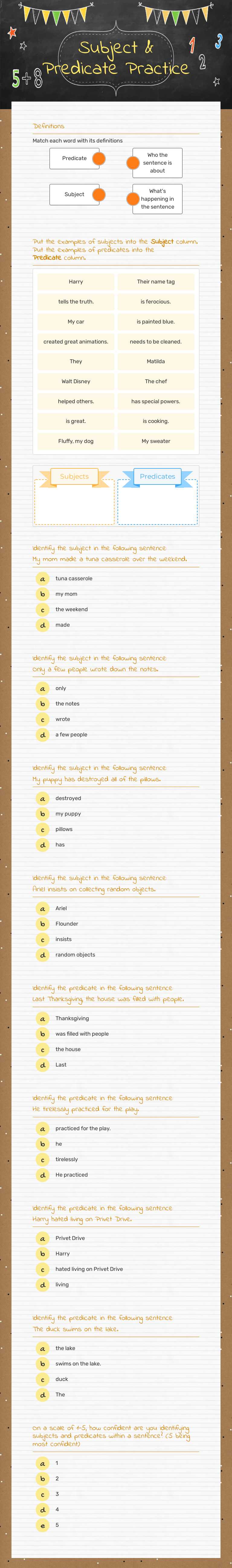 Subject & Predicate Practice worksheet preview image