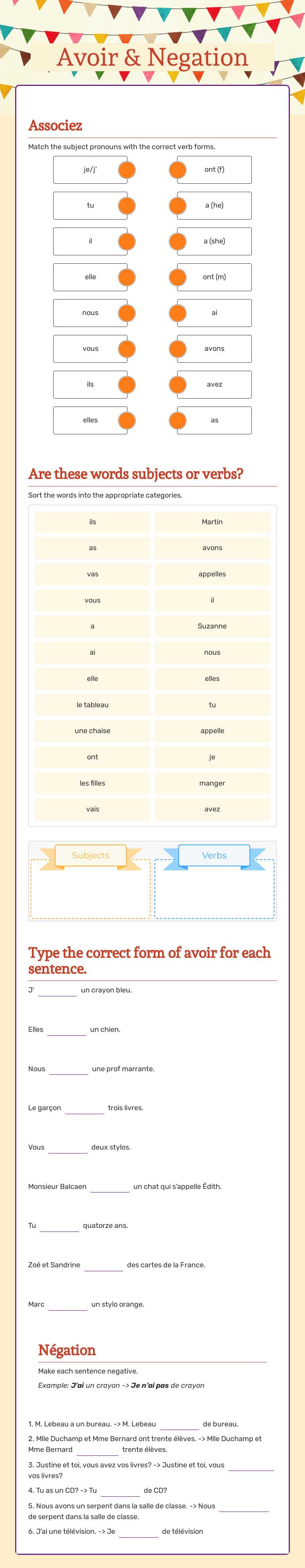 Avoir & Negation worksheet preview image