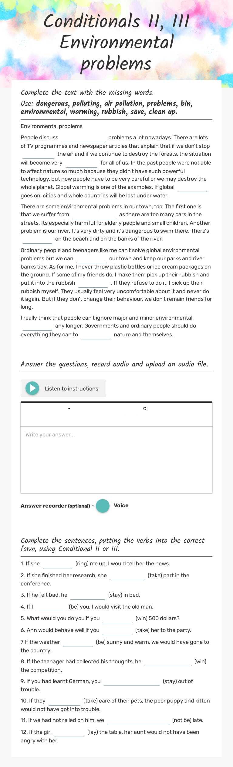 Conditionals II, III Environmental problems worksheet preview image