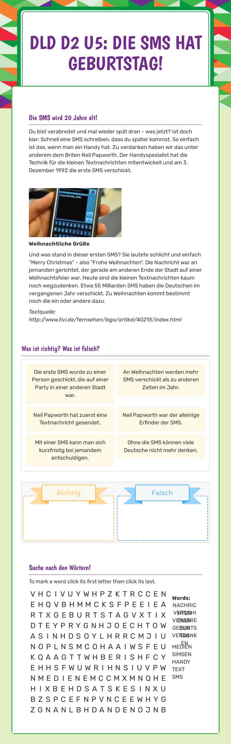 DLD D2 U5: die sms hat geburtstag! worksheet preview image