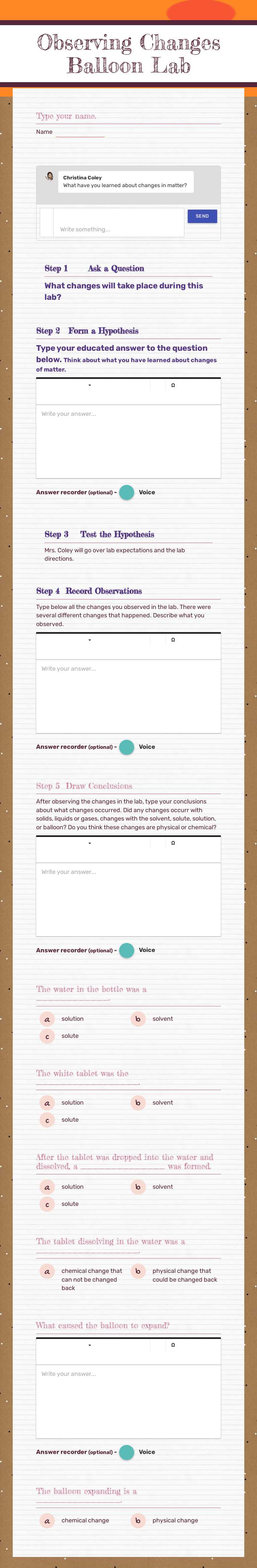 Observing Changes Balloon Lab worksheet preview image