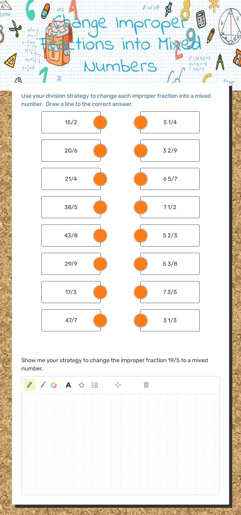 Change Improper Fractions into Mixed Numbers worksheet preview image