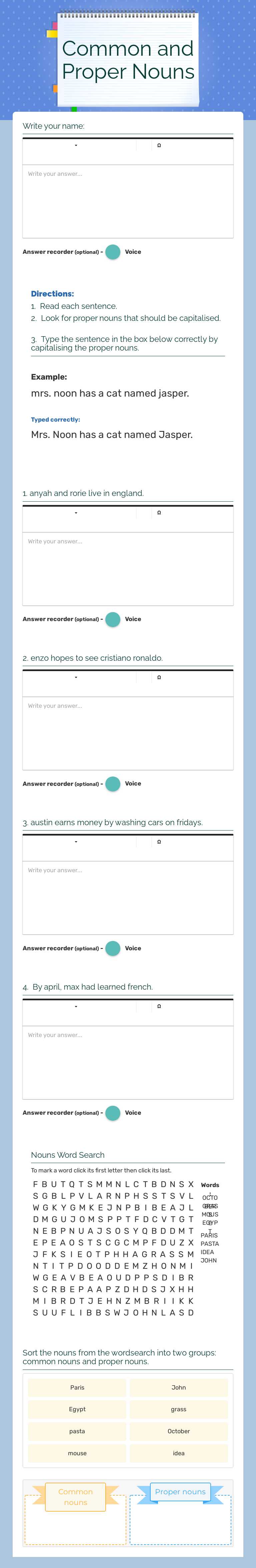 Common and Proper Nouns worksheet preview image