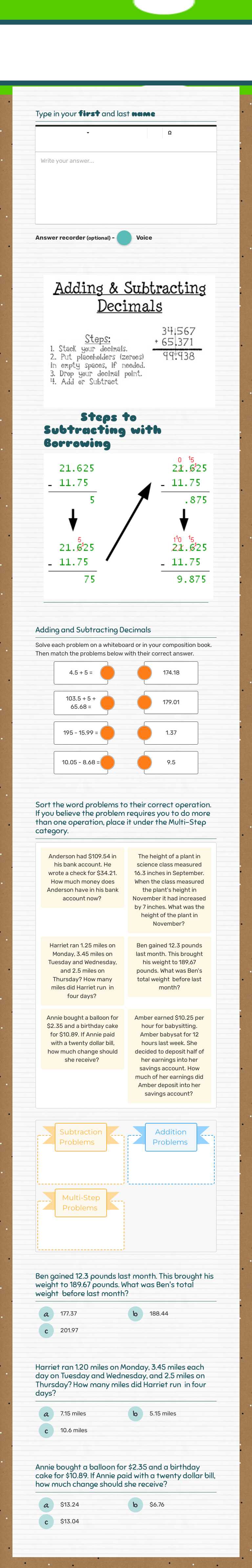 Adding and Subtracting Decimals Grade 6 worksheet preview