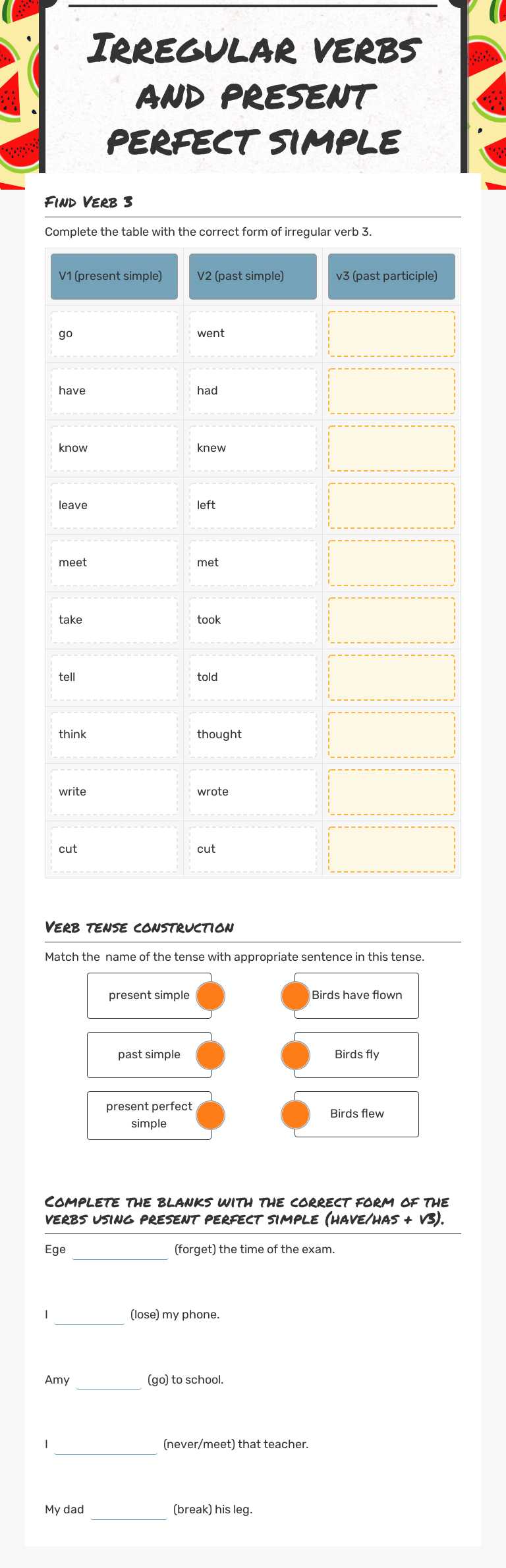 Irregular verbs and present perfect simple worksheet preview image