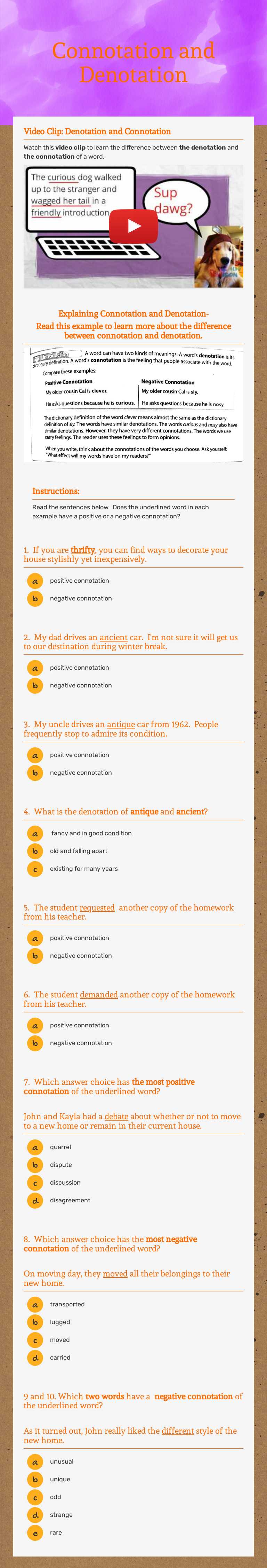 Connotation and Denotation by M Hassell | Interactive Worksheet | Wizer.me