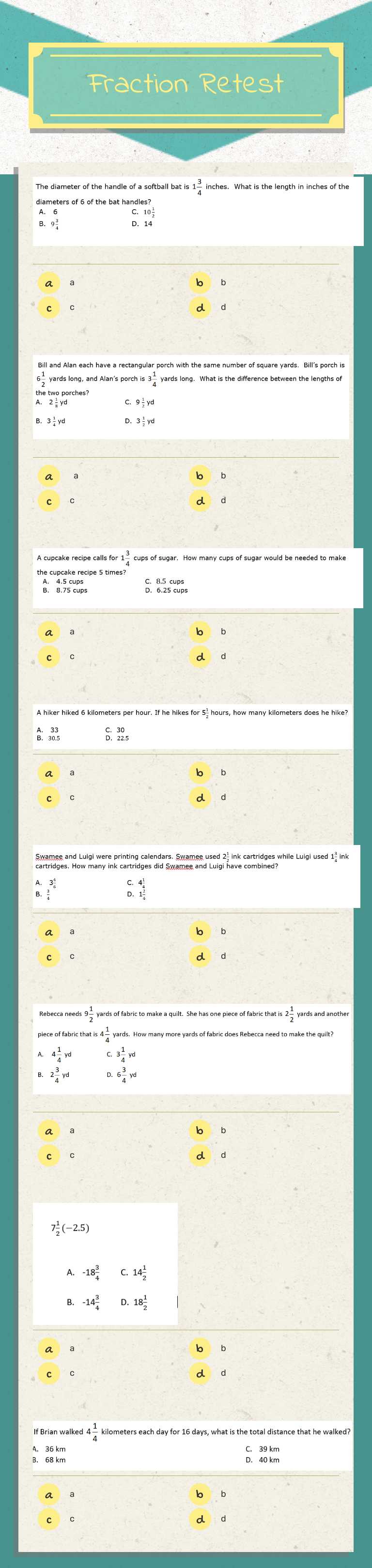 Fraction Retest Grade 7 worksheet preview