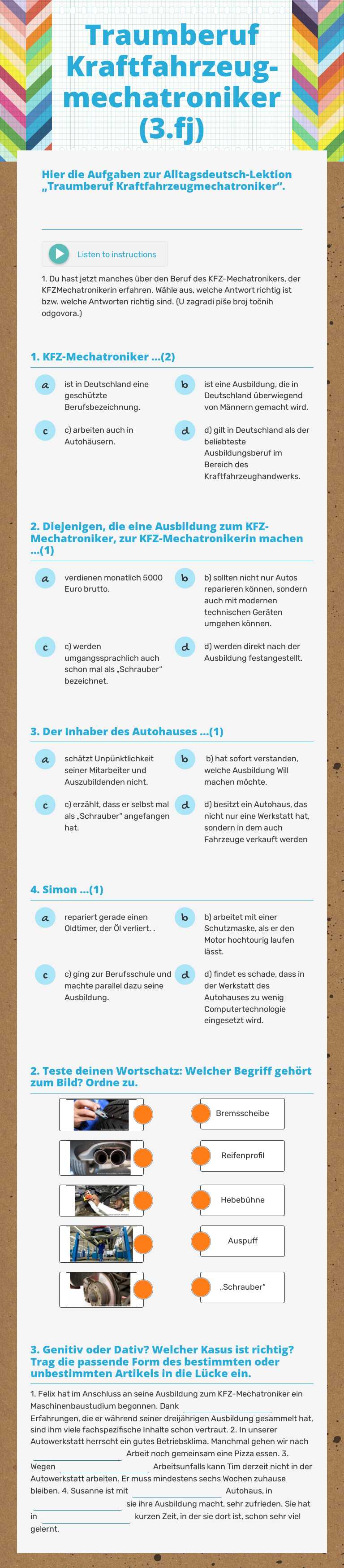Traumberuf Kraftfahrzeug-mechatroniker (3.fj) worksheet preview image