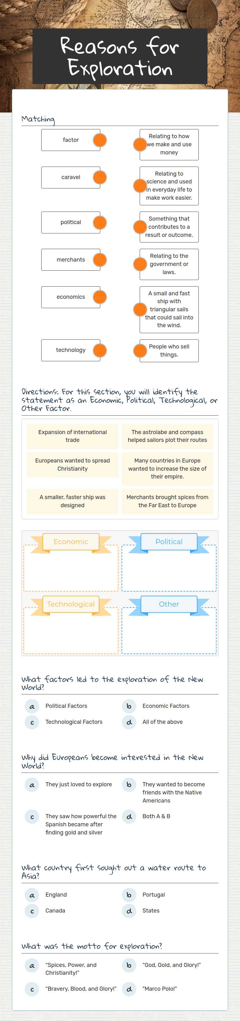 Reasons for Exploration Grade 6 worksheet preview