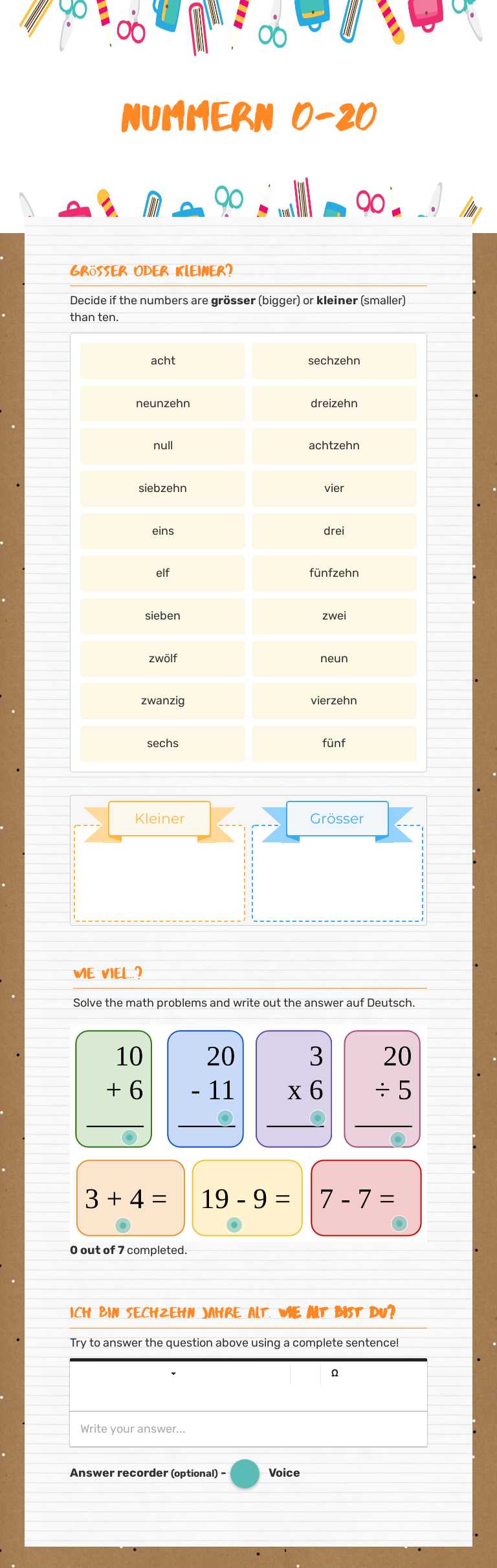 Nummern 0-20 worksheet preview image