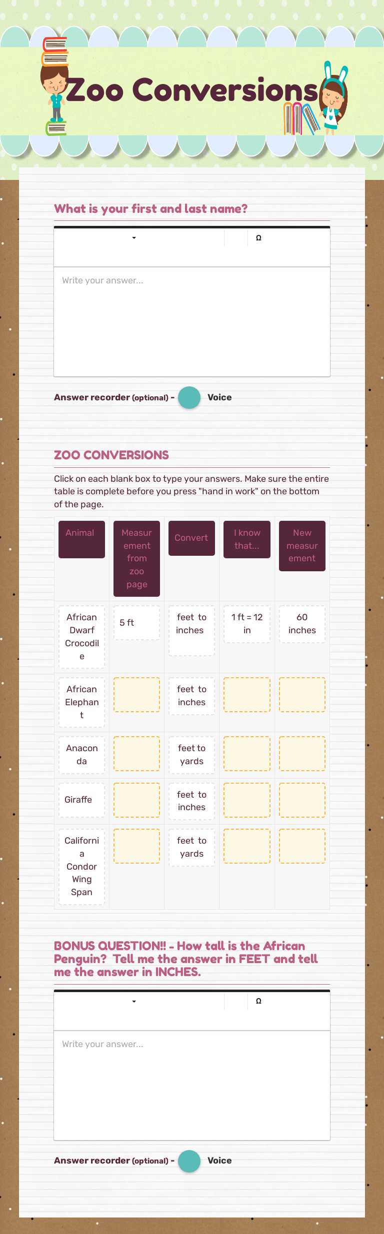 Zoo Conversions worksheet preview image
