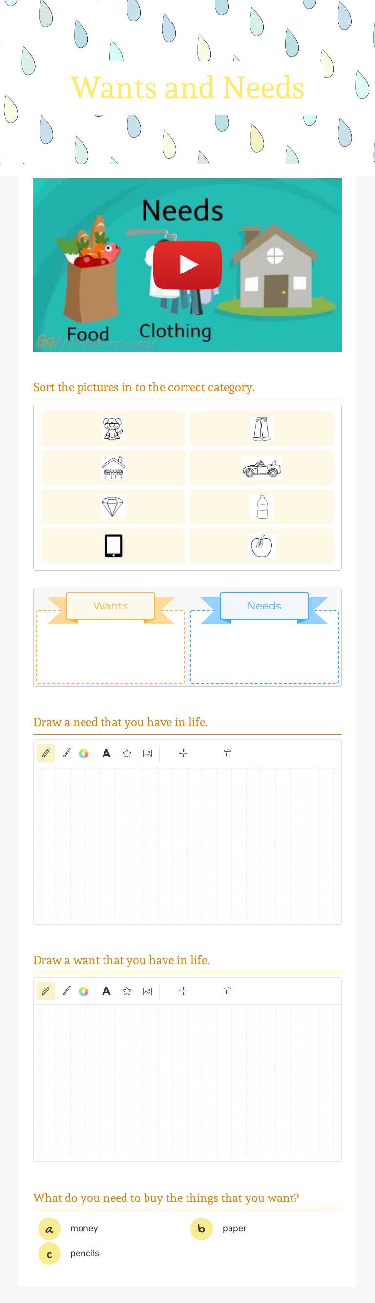 Wants and Needs Grade 1 worksheet preview