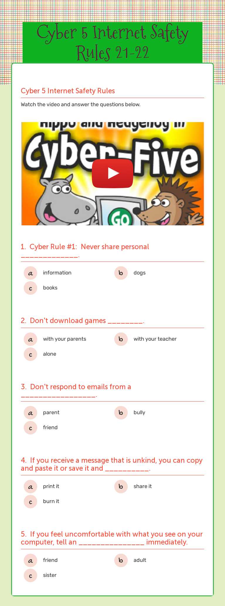 Cyber 5 Internet Safety Rules 21-22 Grade 3 worksheet preview