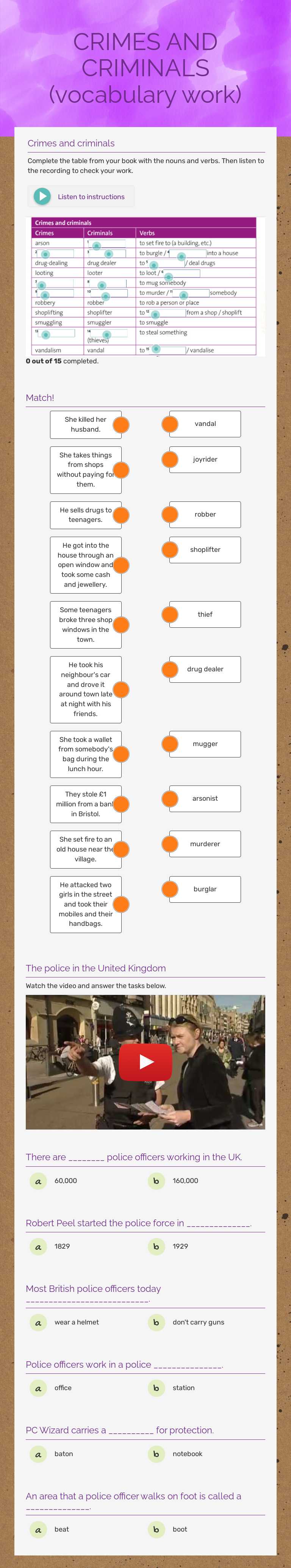 CRIMES AND CRIMINALS (vocabulary work) worksheet preview image