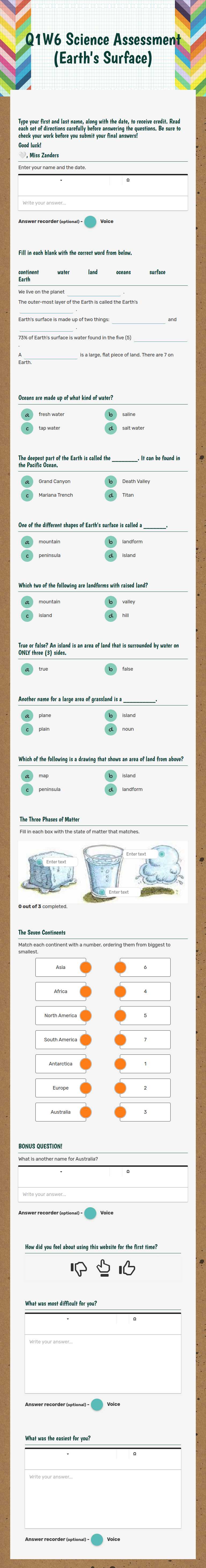 Q1W6 Science Assessment (Earth's Surface) worksheet preview image