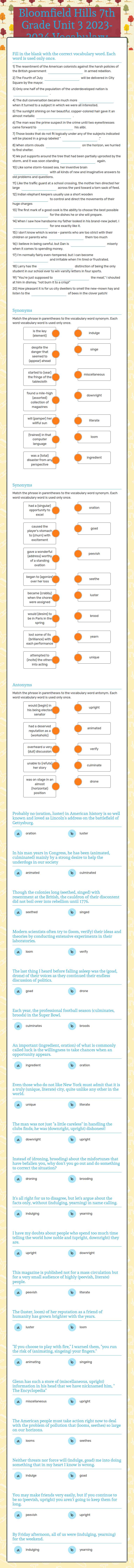 Bloomfield Hills 7th Grade Unit 3 2023-2024 Vocabulary Grade 7 worksheet preview