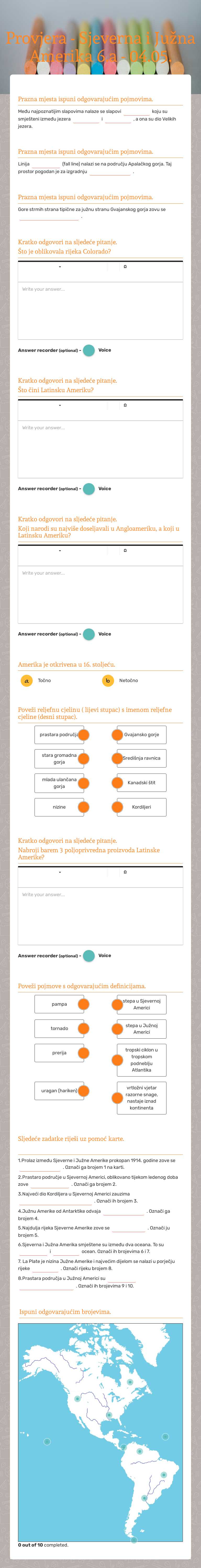 Provjera - Sjeverna i Južna Amerika 
6.a - 04.05. Grade 6 worksheet preview