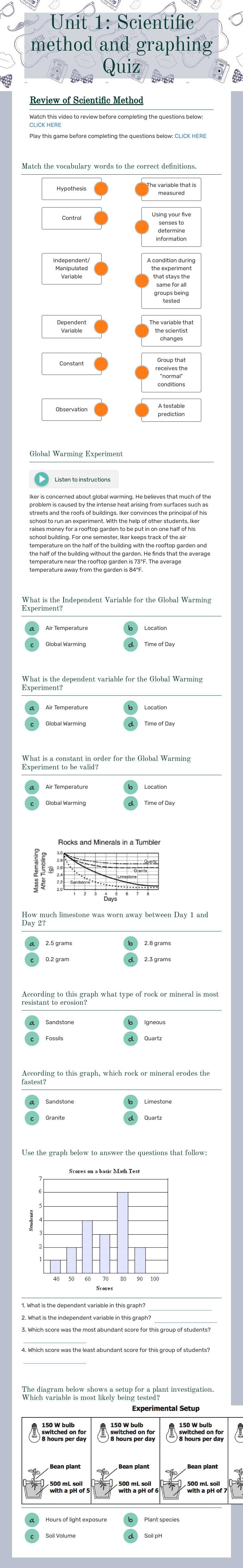 Unit 1: Scientific method and graphing Quiz Grade 10 worksheet preview
